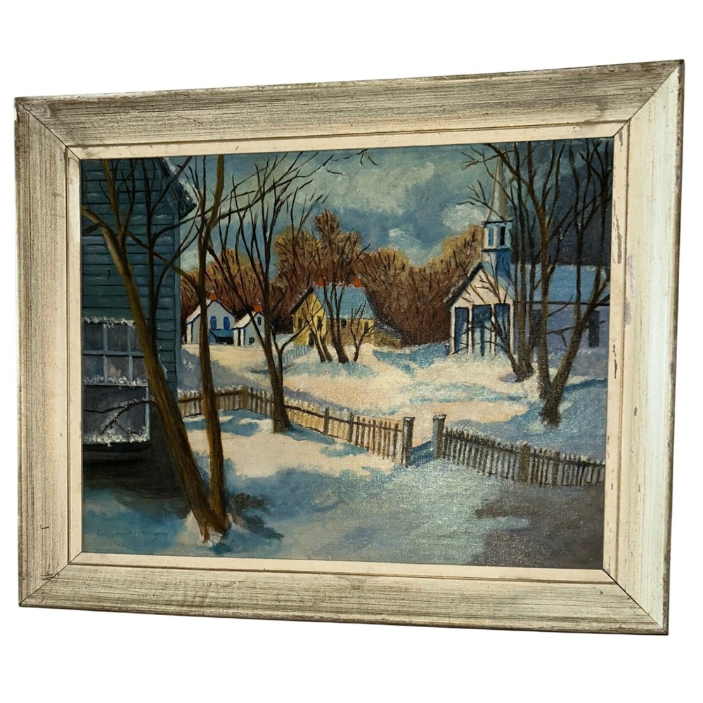 Vintage Original Winter Village Oil Painting Signed 1965  Church Snow Scene Art